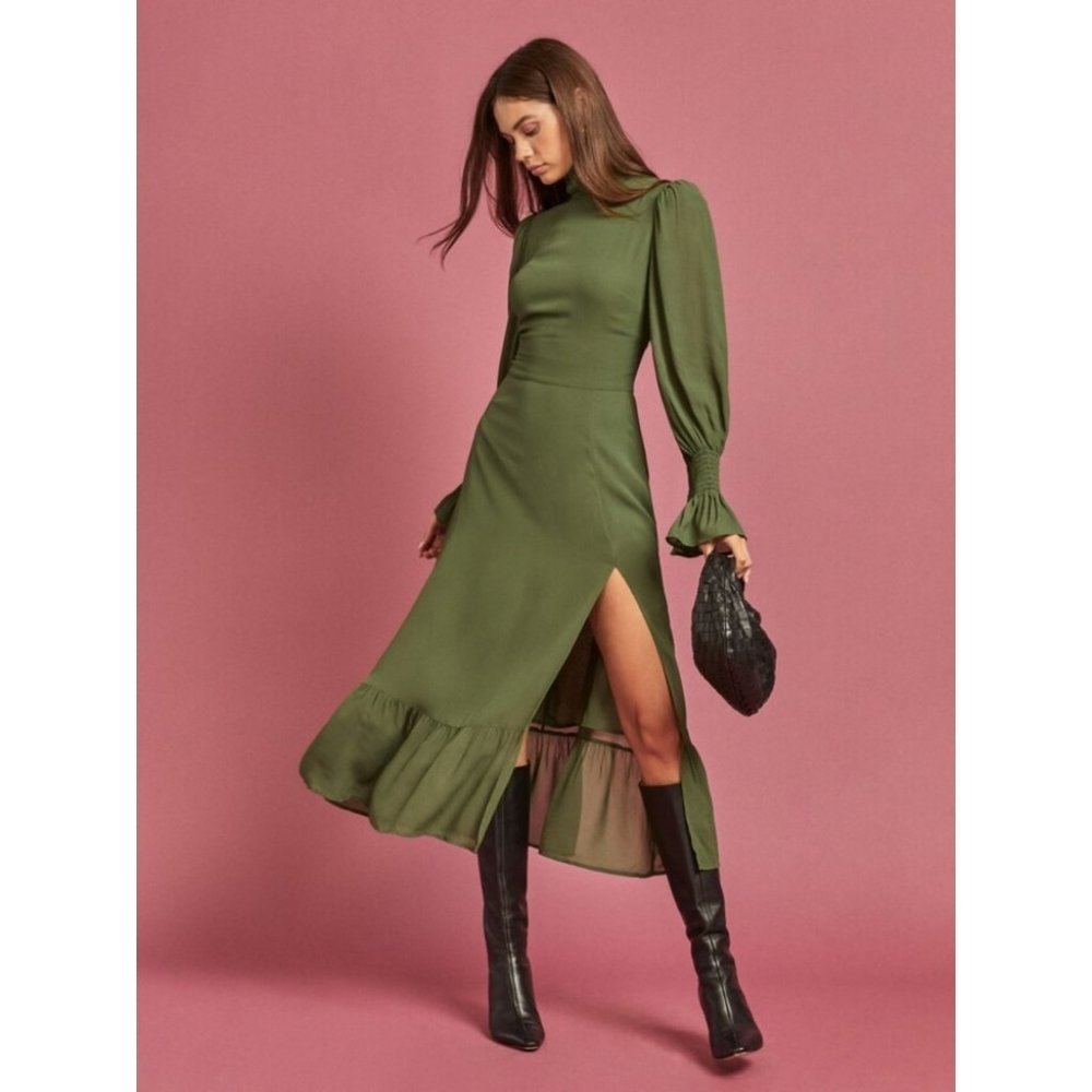 Reformation Olive Green Long Sleeve Midi Dress